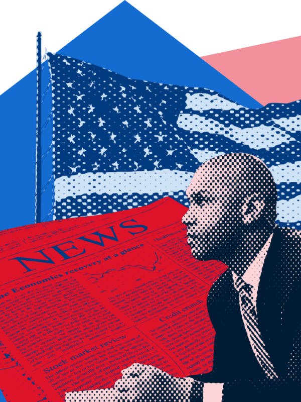 American flag with a newspaper and a Black male reporter in a halftone collage.