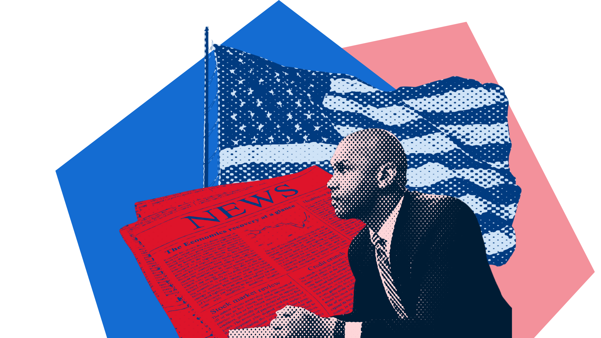 American flag with a newspaper and a Black male reporter in a halftone collage.