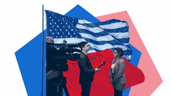 American flag with a newspaper and a white male reporter interviewing a Black woman.