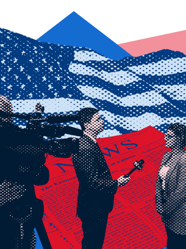 American flag with a newspaper and a white male reporter interviewing a Black woman.