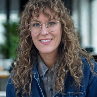 stephanie kauffman wears glasses and a jacket and smiles with long curly hair