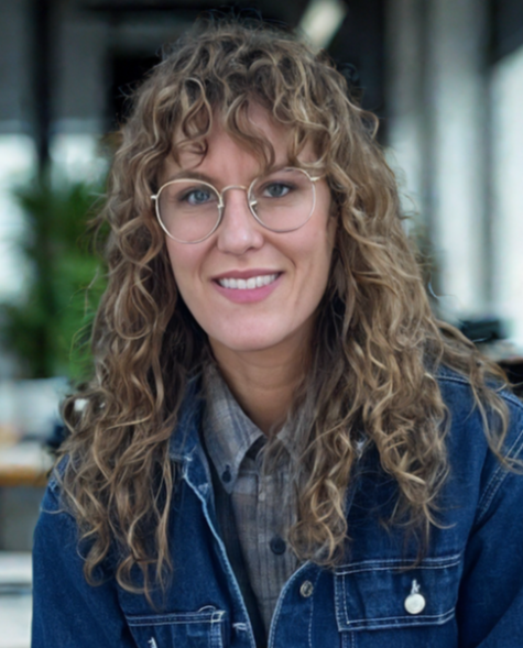 stephanie kauffman wears glasses and a jacket and smiles with long curly hair