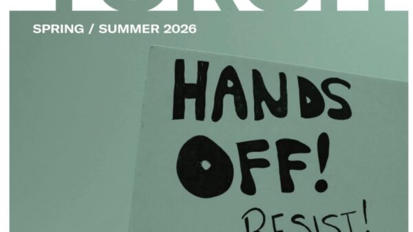 image of newsletter cover reads "hands off! Resist!"