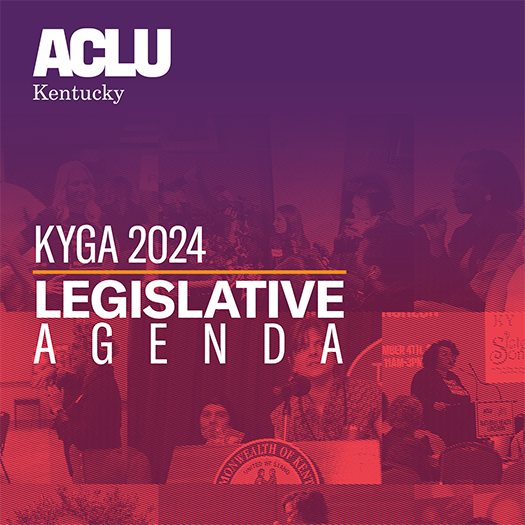 White text reads "KYGA2024 Legislative Agenda" over a purple and red background. The ACLU Kentucky logo is in the top left corner.