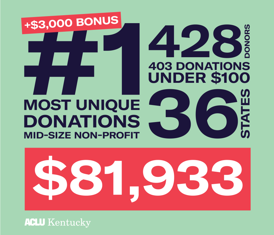 Graphic with light green background. Text shows highlights from Give for Good Louisville, including +$3,000 bonus for #1 most unique donations mid-size non-profits; 428 donors; donations from 36 states; 403 donations under $100; total of $81,933.