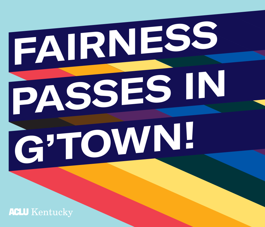 Graphic with light blue background and three slanted bars with rainbow stripes giving a 3D effect. Each bar has one line of text. Together the read, "Fairness Passes in G'Town!: