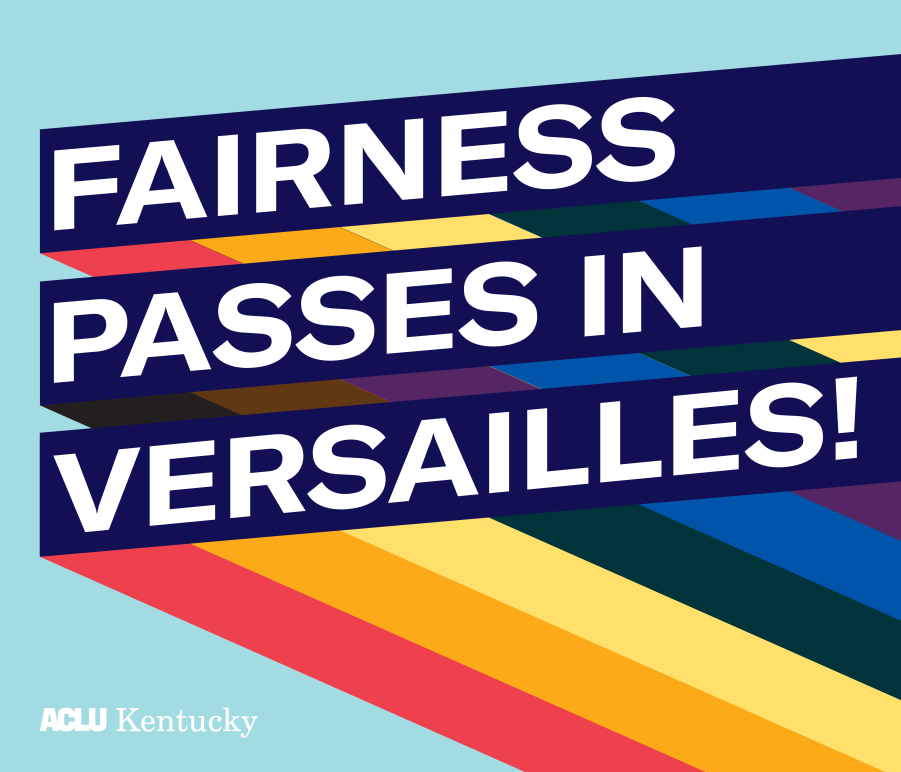 Graphic with light blue background and three slanted bars with rainbow stripes giving a 3D effect. Each bar has one line of text. Together the read, "Fairness Passes in Versailles!: