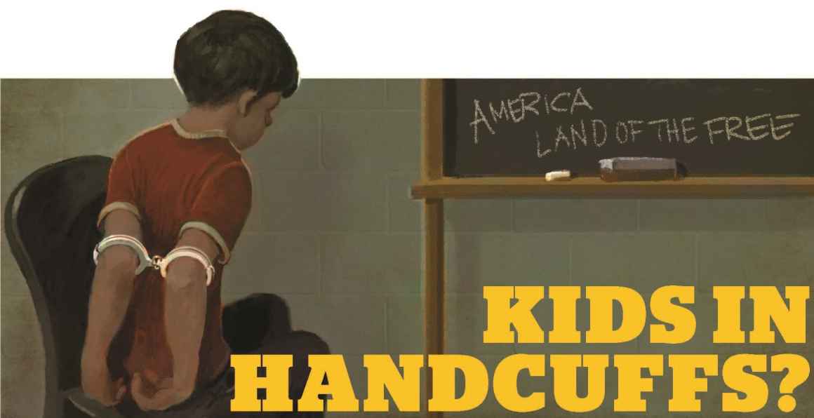 Graphic of child handcuffed on upper arms 