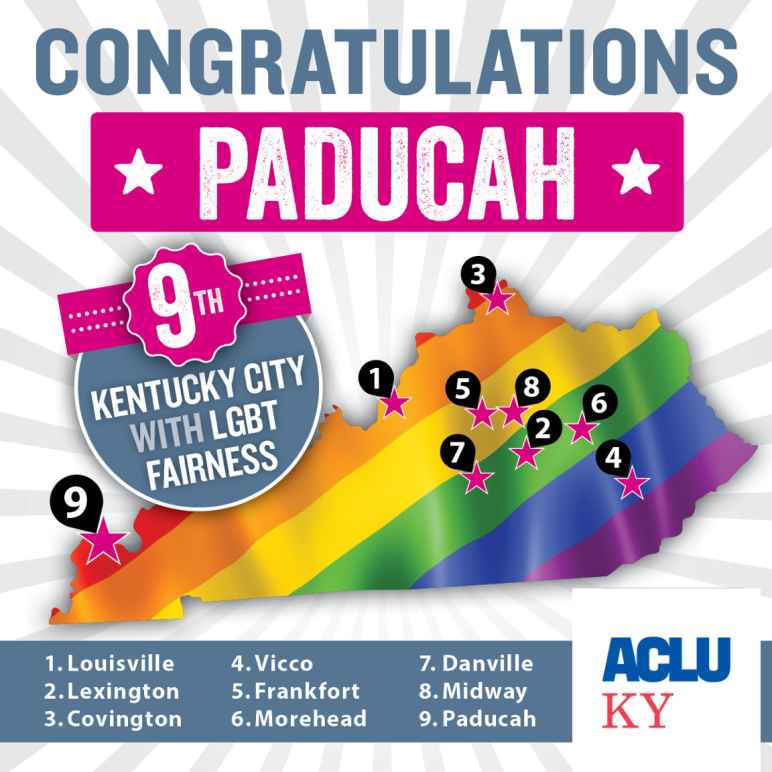 Graphic of Kentucky showing 9 cities with Fairness ordinance