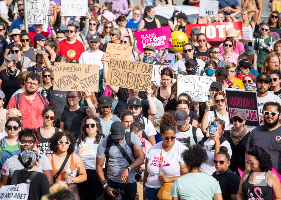 Abortion rights advocates holding protest signs 