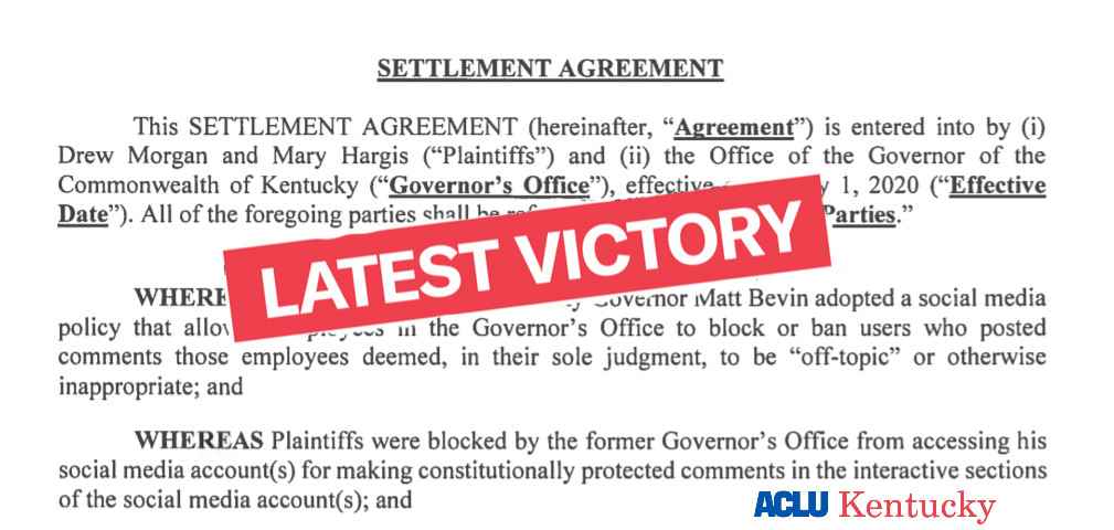 Screen grab of ACLU-KY settlement agreement of social media case. Latest Victory stamp across text