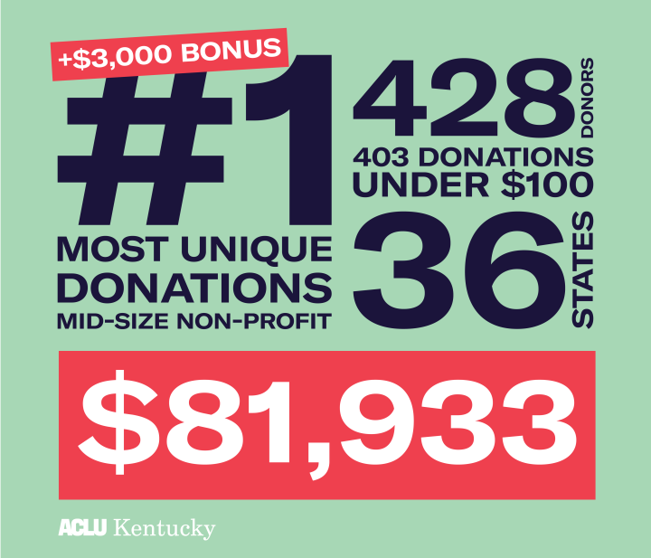 Graphic with light green background. Text shows highlights from Give for Good Louisville, including +$3,000 bonus for #1 most unique donations mid-size non-profits; 428 donors; donations from 36 states; 403 donations under $100; total of $81,933.