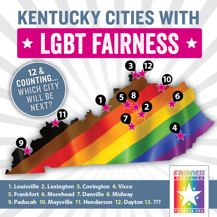 Map of Kentucky indicating 12 cities with Fairness protections