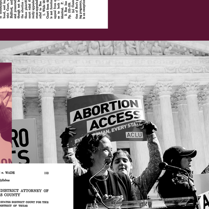 A collage of pro-choice protestors, Roe v. Wade documents, and medical abortion pills all on a burgundy background.