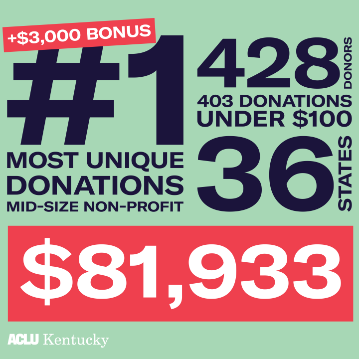 Graphic with light green background. Text shows highlights from Give for Good Louisville, including +$3,000 bonus for #1 most unique donations mid-size non-profits; 428 donors; donations from 36 states; 403 donations under $100; total of $81,933.