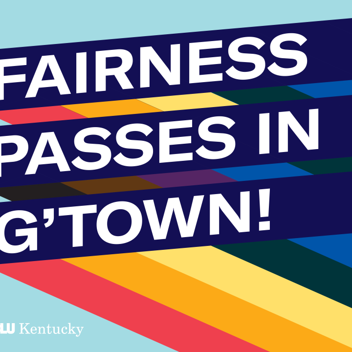 Graphic with light blue background and three slanted bars with rainbow stripes giving a 3D effect. Each bar has one line of text. Together the read, "Fairness Passes in G'Town!: