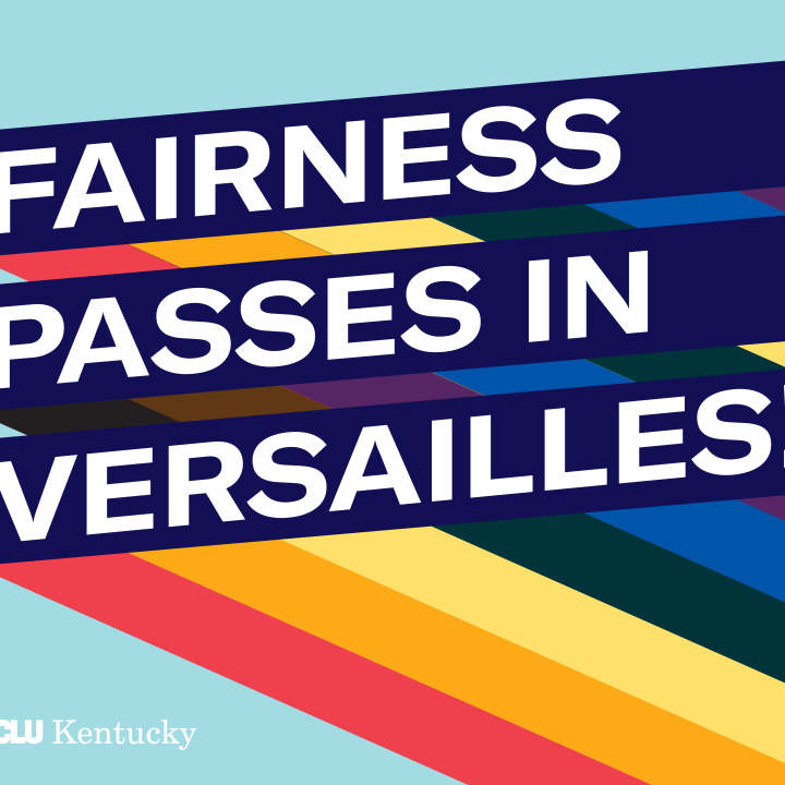 Graphic with light blue background and three slanted bars with rainbow stripes giving a 3D effect. Each bar has one line of text. Together the read, "Fairness Passes in Versailles!: