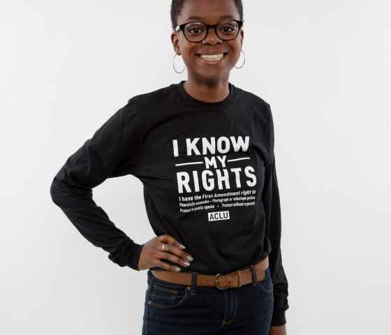 Woman in I Know My Rights t-shirt 